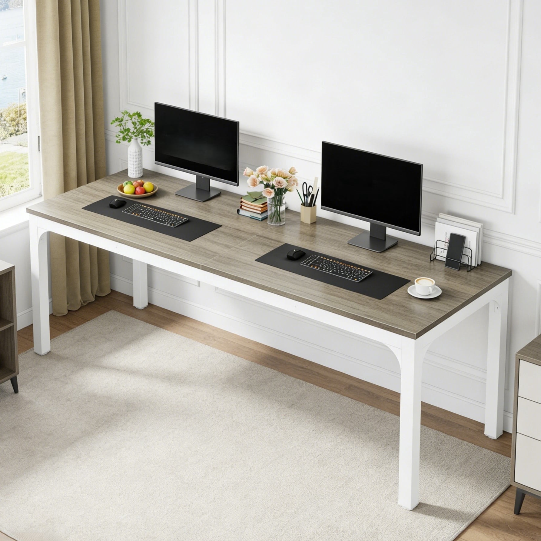 Fnova 78.7" Modern Computer Desk with Wood Desktop, Metal Frame Office Desk, Gray White