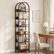 Fnova 78.7" Narrow Arched Bookcase with Metal Frame, 6-Tier Open Tall Bookshelf, Farmhouse Corner Display Shelves for Living Room, Home Office, Brown