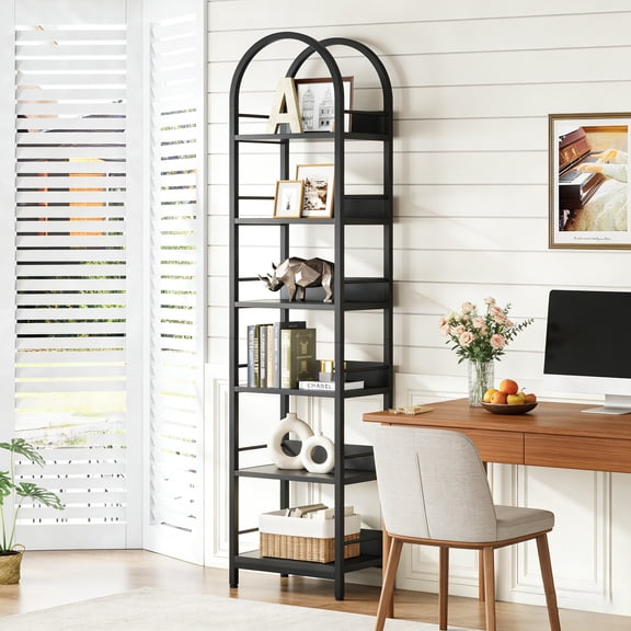 Fnova 78.74" 6-Tier Freestanding Corner Shelf, Storage Shelf with Back Baffles, Curved Top & Metal, Plants/Books, for Living Room/Kitchen/Home Office, Easy Assembly