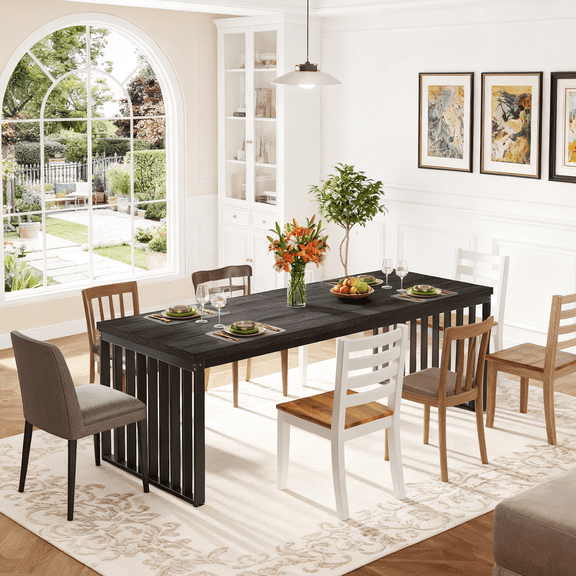 Fnova 78.74" Industrial Dining Table for 6-8 Person, Long Rectangle Wood Kitchen Table with Heavy Duty Metal Frame for Living Room & Home Office