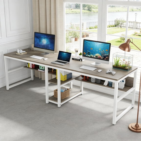 Fnova 78.74" Modern Computer Desk with Wood Tabletop, Industrial Writing Desk with 4 Open Shelves, Metal Frame Office Desk for Living Room & Study, Gray