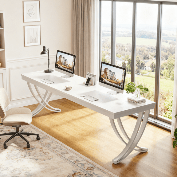 Fnova 78.74" Modern Desk, Wooden Computer Desk Writing Desk with Storage Shelf, Back Baffles & Metal Legs, for Living Room/Kitchen/Home Office, Easy Assembly