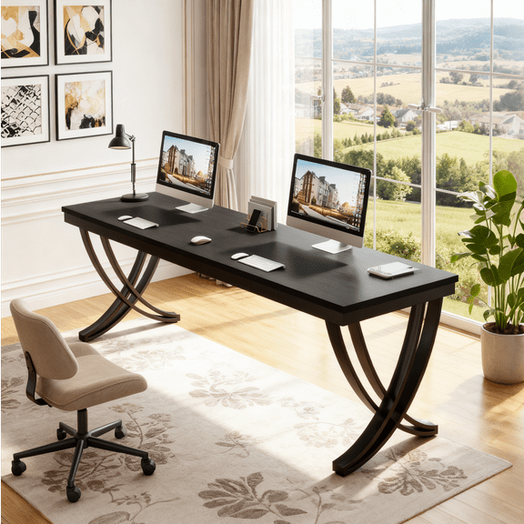Fnova 78.74" Modern Desk, Wooden Computer Desk Writing Desk with Storage Shelf, Back Baffles & Metal Legs, for Living Room/Kitchen/Home Office, Easy Assembly