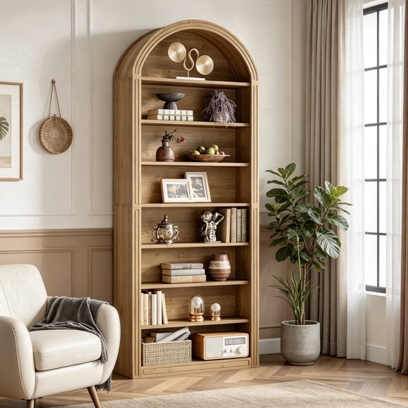 Fnova 78" Bookshelf, Farmhouse Tall 8-Tier Arched Bookcase, Wood Display Shelf Book Shelf Organizer for Living Room, Bedroom, Entryway