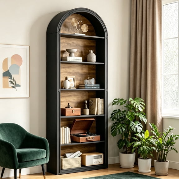 Fnova 78" Bookshelf, Farmhouse Tall 6-Tier Arched Bookcase, Wood Display Shelf Book Shelf Organizer for Living Room, Bedroom, Entryway