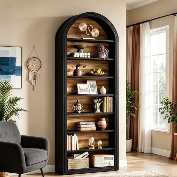 Fnova 78" Bookshelf, Farmhouse Tall 8-Tier Arched Bookcase, Wood Display Shelf Book Shelf Organizer for Living Room, Bedroom, Entryway