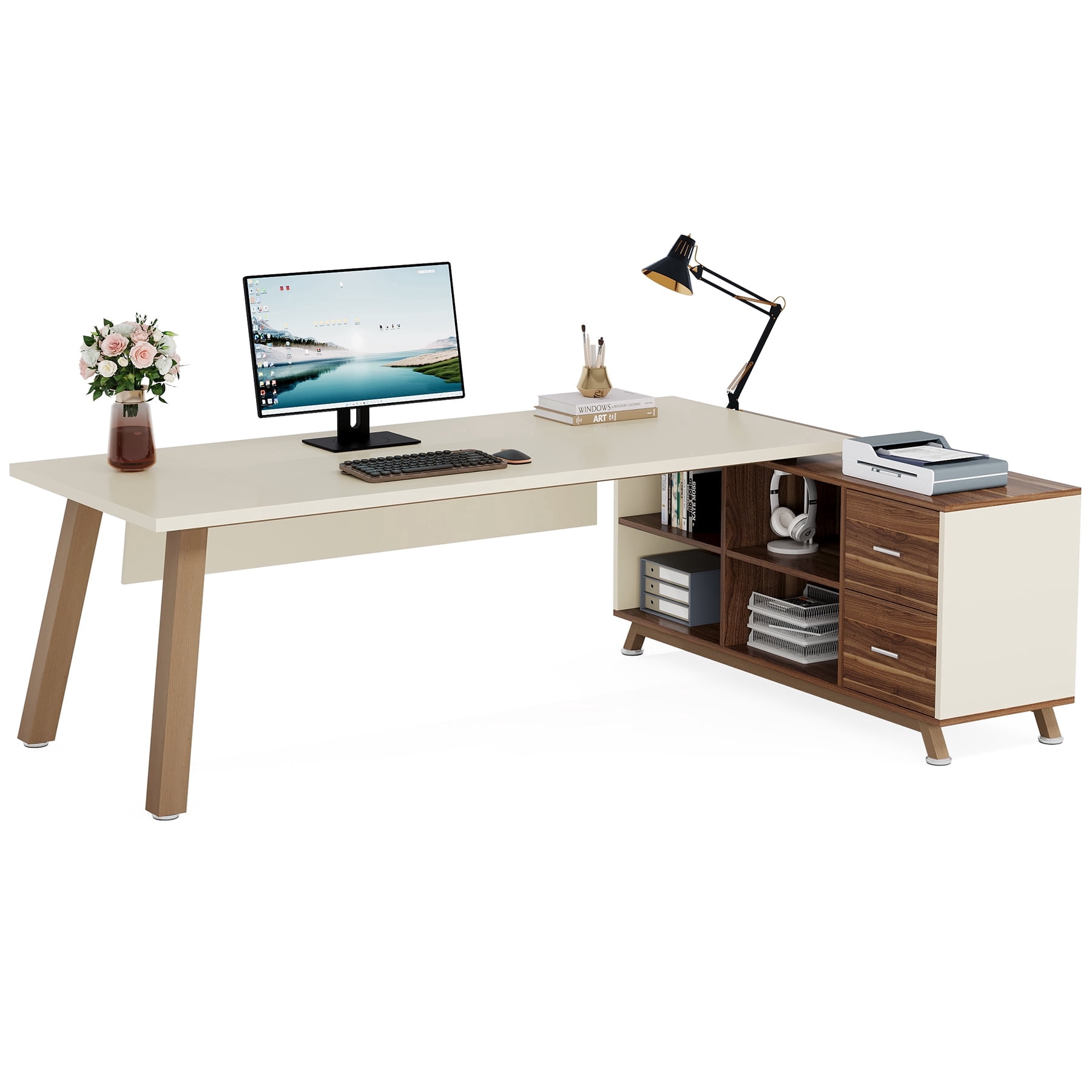 Fnova 78" L-Shaped Executive Desk with Drawers and Open Storage, Modern Large Corner Computer Desk Writing Desk for Home Office