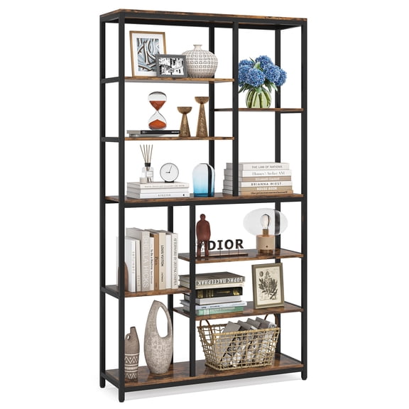 Fnova 79" Tall Display Shelf Unit, 8-Tier Staggered Open Back Industrial Bookcase Storage with Anti-Tip for Home Office Living Room