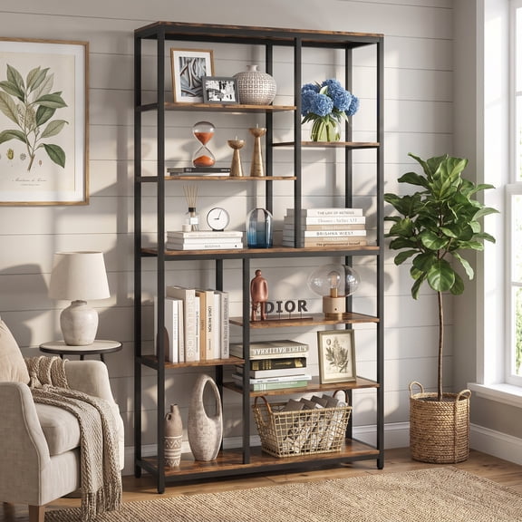 Fnova 79" Tall Display Shelf Unit, 8-Tier Staggered Open Back Industrial Bookcase Storage with Anti-Tip for Home Office Living Room