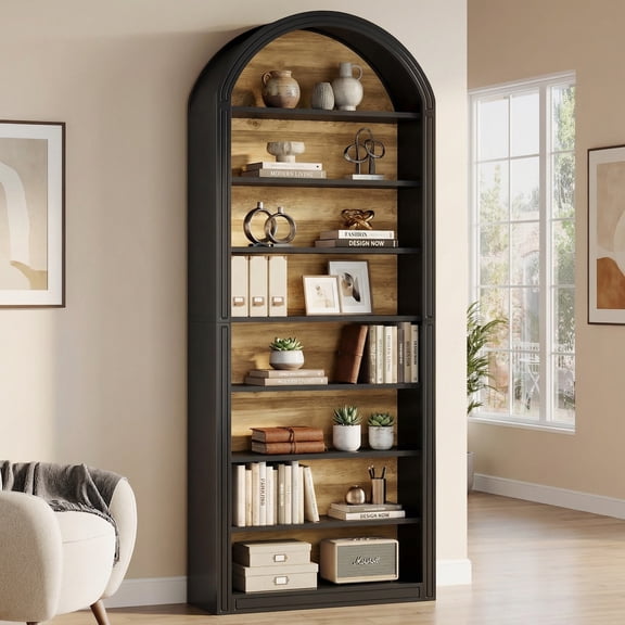 Fnova 8-Tier 78.7" Tall Arched Bookcase, Wooden Open Bookshelf Display Shelf for Living Room Bedroom Office Library, Black