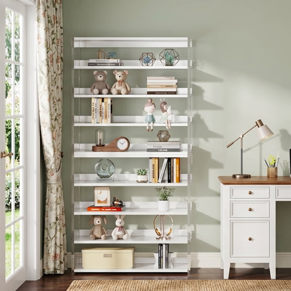 Fnova 8-Tier Modern Acrylic Bookshelf with Acrylic Sideboard, 63" Bookcase Display Storage Rack for Living Room, Bedroom, Home Office, White