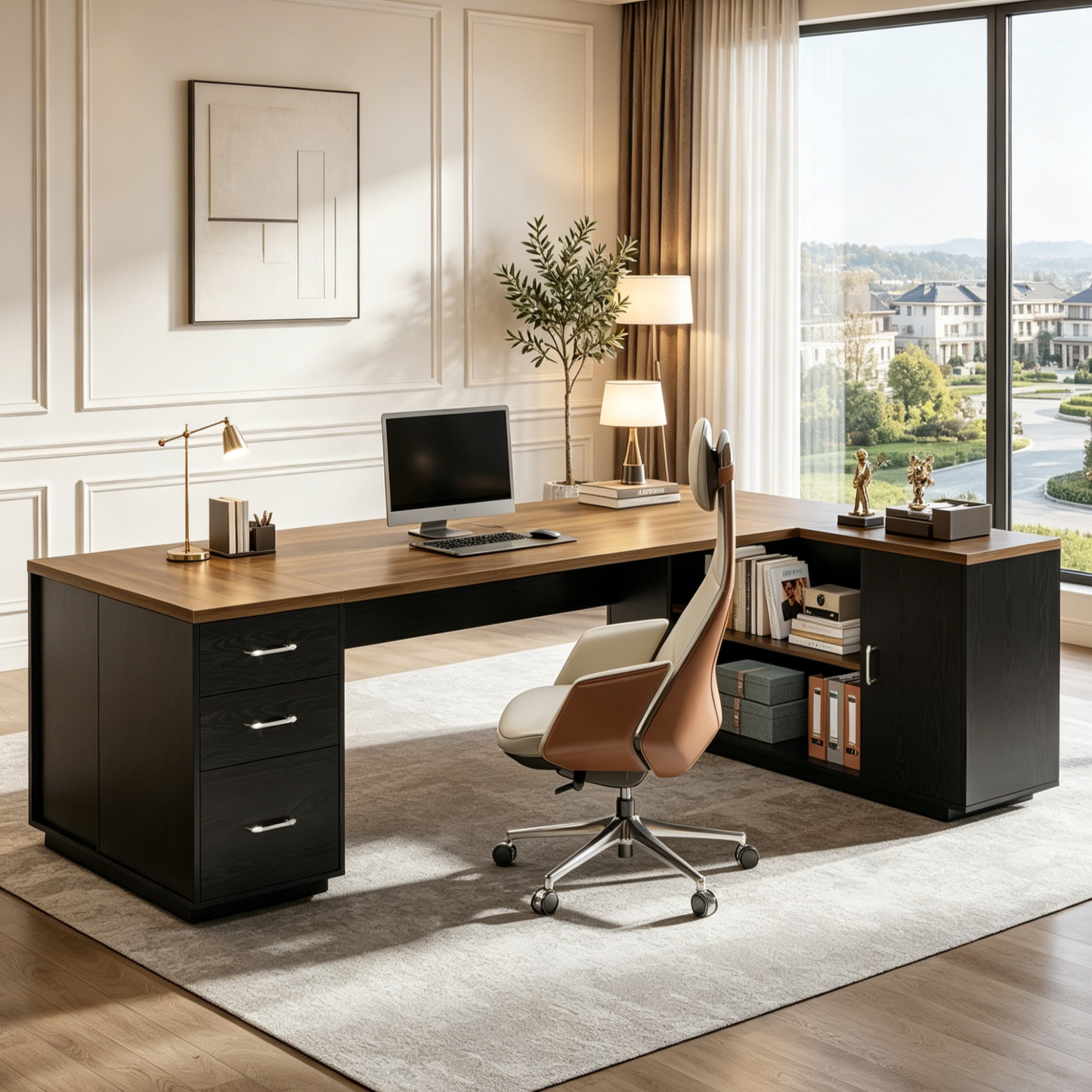 Fnova 85" L-Shaped Executive Desk with Storage Drawers, Modern Office Desk with Adjustable Shelves & File Cabinet, Extra Long Corner Computer Desk for Home Office
