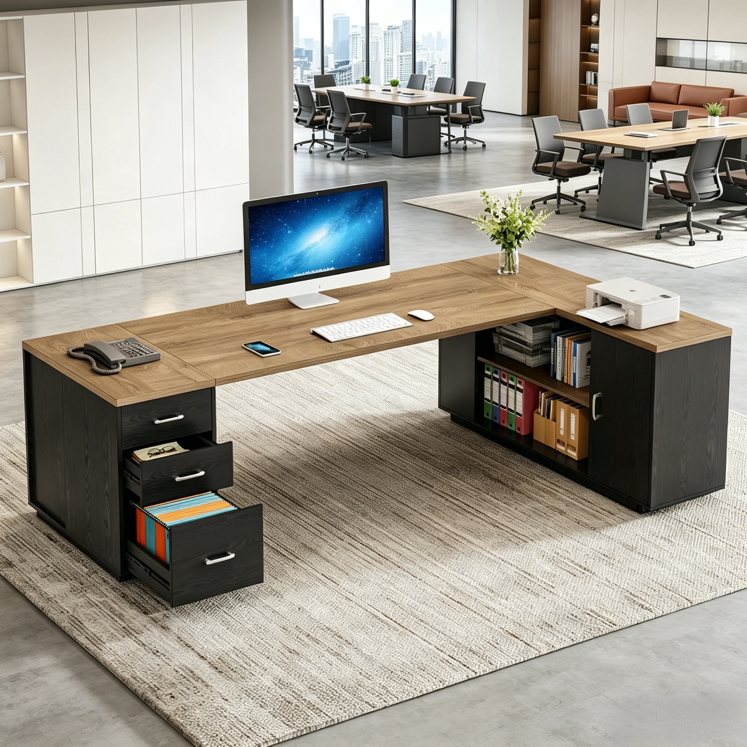 Fnova 85" L-Shaped Executive Desk with Storage Drawers, Modern Office Desk with Adjustable Shelves & File Cabinet, Extra Long Corner Computer Desk for Home Office