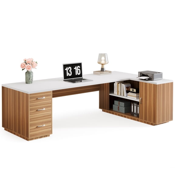 Fnova 85" L-Shaped Executive Desk with Storage Drawers, Modern Office Desk with Adjustable Shelves & File Cabinet, Extra Long Corner Computer Desk for Home Office