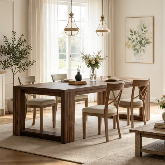Fnova 86.6" Modern Dining Table for 8 People, Farmhouse Rectangular Narrow Extra Long Kitchen Table with Pedestal Base, Heavy Duty Dinner Table for Dining Room, Kitchen, Living Room