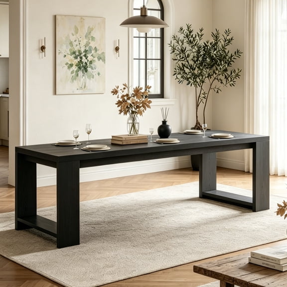 Fnova 86.6" Modern Dining Table for 8 People, Farmhouse Rectangular Narrow Extra Long Kitchen Table with Pedestal Base, Heavy Duty Dinner Table for Dining Room, Kitchen, Living Room