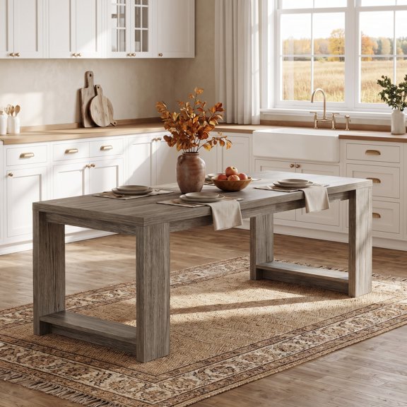 Fnova 86.6" Modern Dining Table for 8 People, Farmhouse Rectangular Narrow Extra Long Kitchen Table with Pedestal Base, Heavy Duty Dinner Table for Dining Room, Kitchen, Living Room