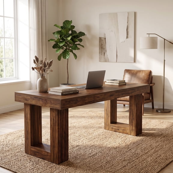 Fnova 86.61" Rustic Executive Desk, HeavyDuty UShaped Base, Multipurpose Workstation for HomeOffice, Conference & Dining Space