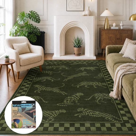 Fnova 8x10 Washable Leaping Cheetah Print Area Rug, Leopard Checkered Non-Slip Low Pile Carpet for Home Office, Kitchen, Oeko-Tex Certified, Green