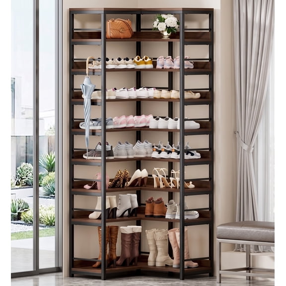 Fnova 9-Tier Tall Corner Shoe Rack, Free Standing Large Shoe Storage Shelf for Entryway Hallway Closet, Space Saving, Rustic Brown