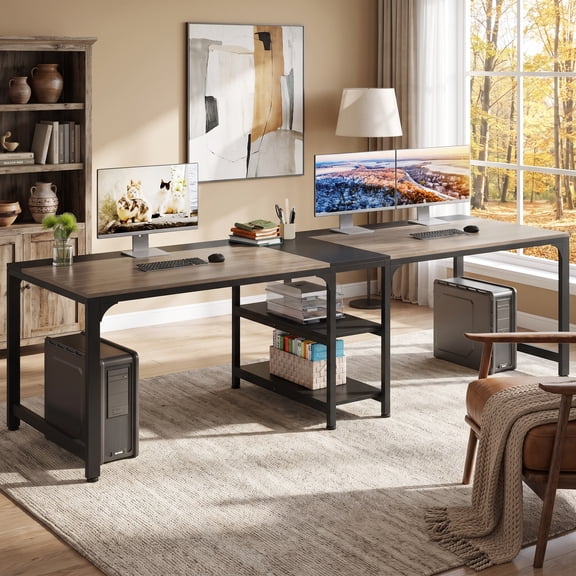 Fnova 90.55'' 2-Person Computer Desk, Double Workstation Desk with Storage Shelves, Extra Long Home Office Desk, Sturdy Metal Frame, Easy Assembly, for Home Office, Gaming, Writing & Study