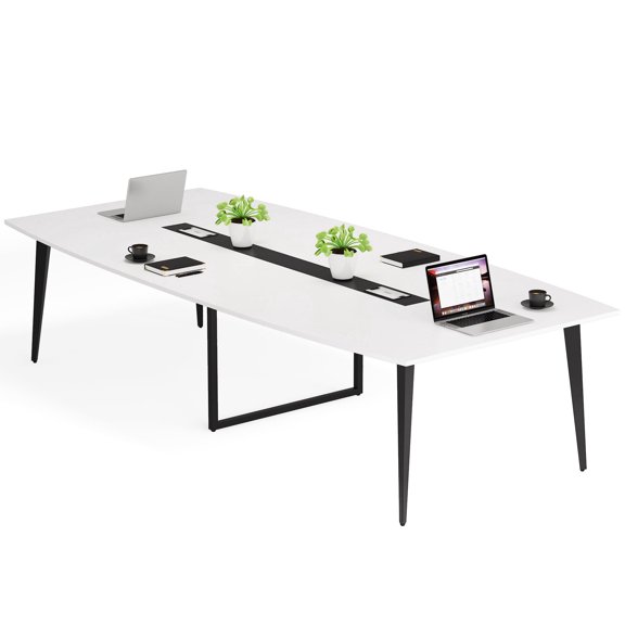 Fnova 94.48" Conference Table with Cable Grommets, Large Boat-Shaped Meeting Room Table with Sturdy Metal Legs, Multi-Purpose Executive Desk for Office, Boardroom & Collaborative Workspaces