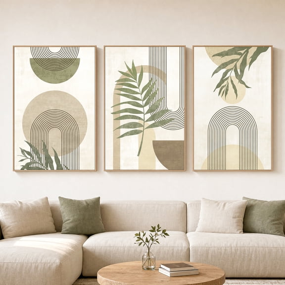 Fnova Abstract Wall Art Set of 3, 24x36 Framed Canvas Wall Decor for Living Room Large Boho Geometric Modern Canvas Wall Art, Farmhouse Botanical Picture Hanging Artwork for Bedroom Office Decor