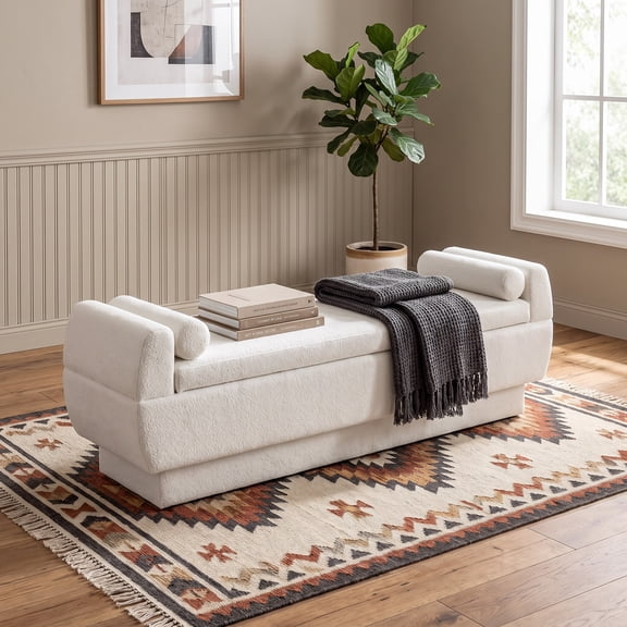 Fnova Boucle Upholstered Bench with Bolster Pillows, Modern Bedroom Bench for End of Bed Living Room Entryway