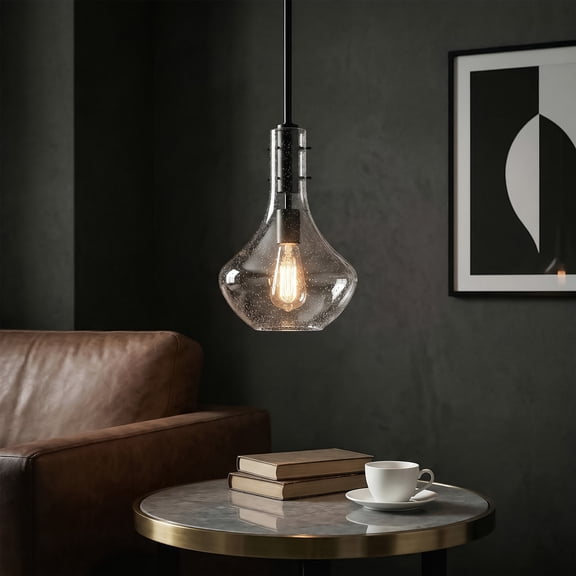 Fnova Bubble Glass Pendant Light for Dining Room, Industrial Hanging Light Fixture, Adjustable Height, Dimmable Compatible, E26 Base, Black