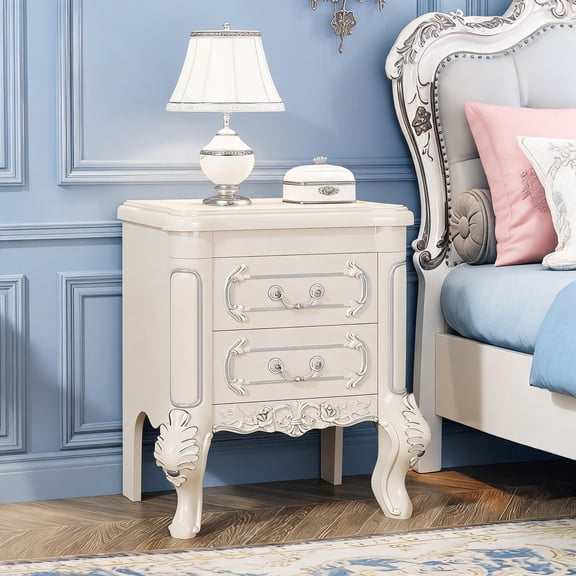 Fnova Carved Bedside Table with 2 Drawers, Classic Wooden Nightstand Bedroom Furniture, White