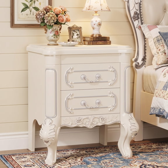 Fnova Carved Bedside Table with 2 Drawers, Classic Wooden Nightstand Bedroom Furniture, White