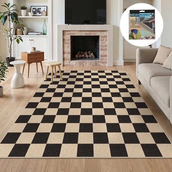 Fnova Checkered Area Rug, 5' x 7' Machine Washable Non Slip Rug for Living Room Bedroom Kitchen, Kid and Pet Friendly Low Pile Indoor Carpet