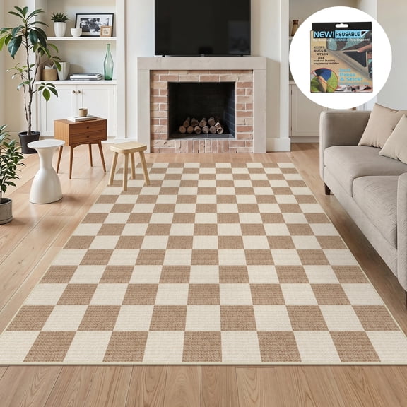 Fnova Checkered Area Rug, 5' x 7' Machine Washable Non Slip Rug for Living Room Bedroom Kitchen, Kid and Pet Friendly Low Pile Indoor Carpet