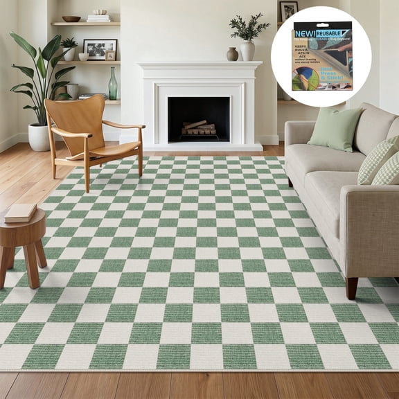 Fnova Checkered Area Rug, 8' x 10' Machine Washable Non Slip Rug for Living Room Bedroom Kitchen, Kid and Pet Friendly Low Pile Indoor Carpet
