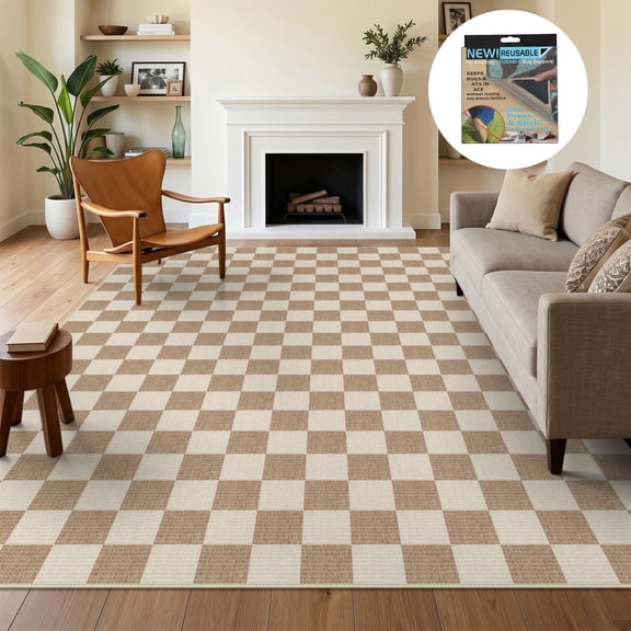 Fnova Checkered Area Rug, 8' x 10' Machine Washable Non Slip Rug for Living Room Bedroom Kitchen, Kid and Pet Friendly Low Pile Indoor Carpet