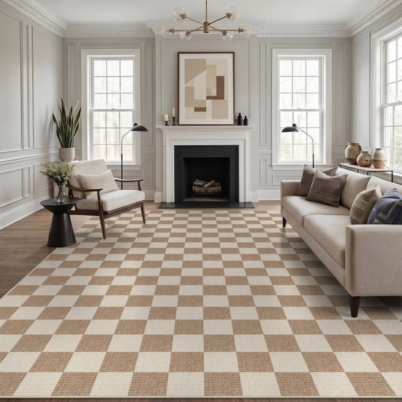 Fnova Checkered Area Rug, 9' x 12' Machine Washable Non Slip Rug for Living Room Bedroom Kitchen, Kid and Pet Friendly Low Pile Indoor Carpet