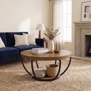 Fnova Coffee Table with 2 - Tier Storage, 32" Round Wood Coffee Table with Metal Legs, Modern Rustic Style Center Table