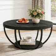 Fnova Coffee Table with 2 - Tier Storage, 32" Round Wood Coffee Table with Metal Legs, Modern Rustic Style Center Table for Living Room, Dark Black - rated 4.6 stars from 54 reviews