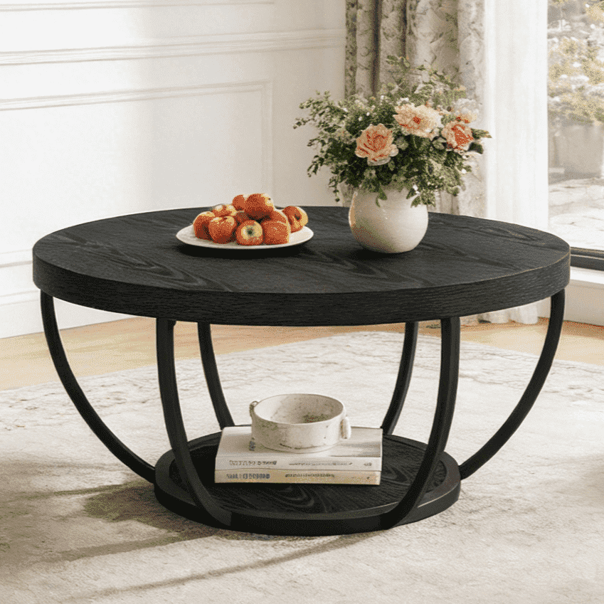 Fnova Coffee Table with 2 - Tier Storage, 32" Round Wood Coffee Table with Metal Legs, Modern Rustic Style Center Table for Living Room, Dark Black