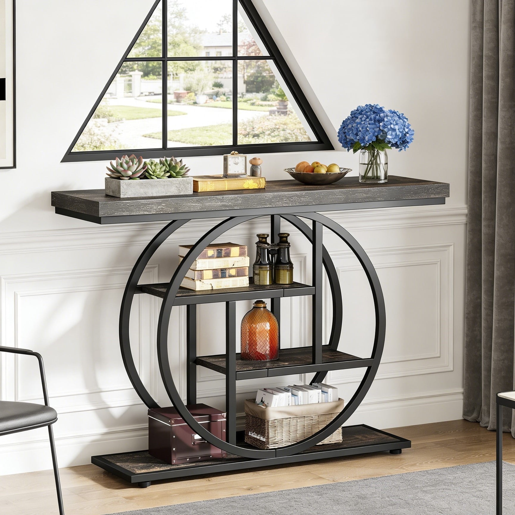 Fnova Console Table, Entryway Table with 4-Tier Storage Shelves, 42" Wood Modern Narrow Long Side Table, , Sofa Table, Accent Table for Living Room, Entryway, Hallway, Black