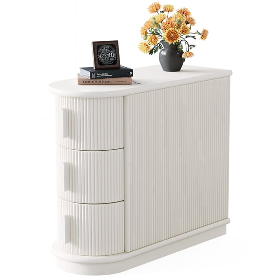 Fnova End Table with 3 Drawers, Farmhouse Narrow Side Table with Finished Back, Accent Table Nightstand, No Assembly Required, for Living Room, Bedroom, Entryway, Small Space