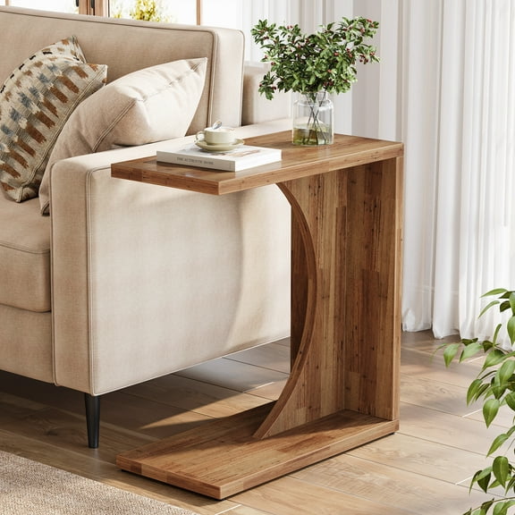 Fnova End Table Farmhouse C-shaped Side Table, Narrow Wooden Sofa Table with Space-Saving Design, Modern Bedside Table, Easy Assembly, Corner Table for Living Room, Bedroom, Nightstand, Brown