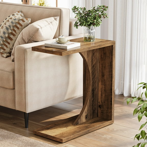 Fnova End Table Farmhouse C-shaped Side Table, Narrow Wooden Sofa Table with Space-Saving Design, Modern Bedside Table, Easy Assembly, Corner Table for Living Room, Bedroom, Nightstand, Dark Brown