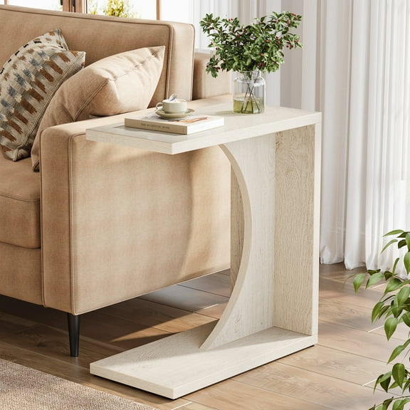 Fnova End Table Farmhouse C-shaped Side Table, Narrow Wooden Sofa Table with Space-Saving Design, Modern Bedside Table, Easy Assembly, Corner Table for Living Room, Bedroom, Nightstand, White