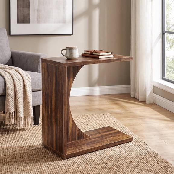 Fnova End Table Farmhouse C-shaped Side Table, Narrow Wooden Sofa Table with Space-Saving Design, Modern Bedside Table, Easy Assembly, Corner Table for Living Room, Bedroom, Nightstand, Rustic Oak
