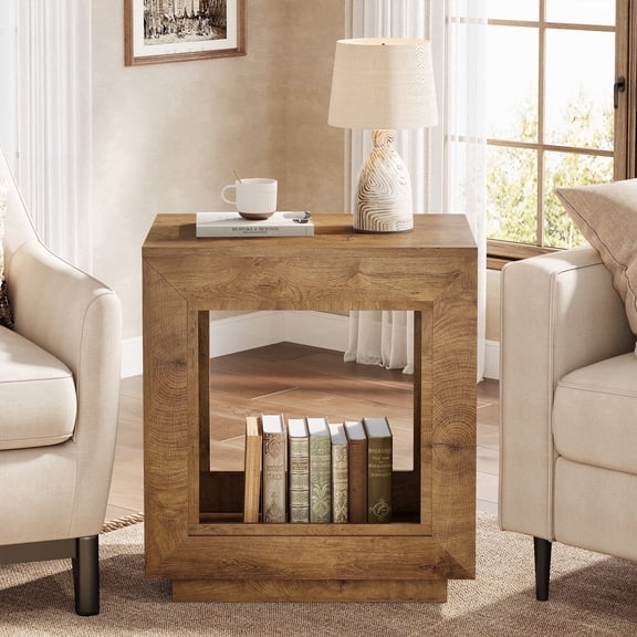 Fnova End Table Farmhouse Square Side Table with Storage, Wooden Sofa Table with Central Hollow Design, Modern Bedside Table, Easy Assembly, for Living Room, Bedroom, Nightstand, Woodtone