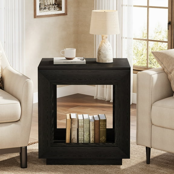 Fnova End Table Farmhouse Square Side Table with Storage, Wooden Sofa Table with Central Hollow Design, Modern Bedside Table, Easy Assembly, for Living Room, Bedroom, Nightstand, Black