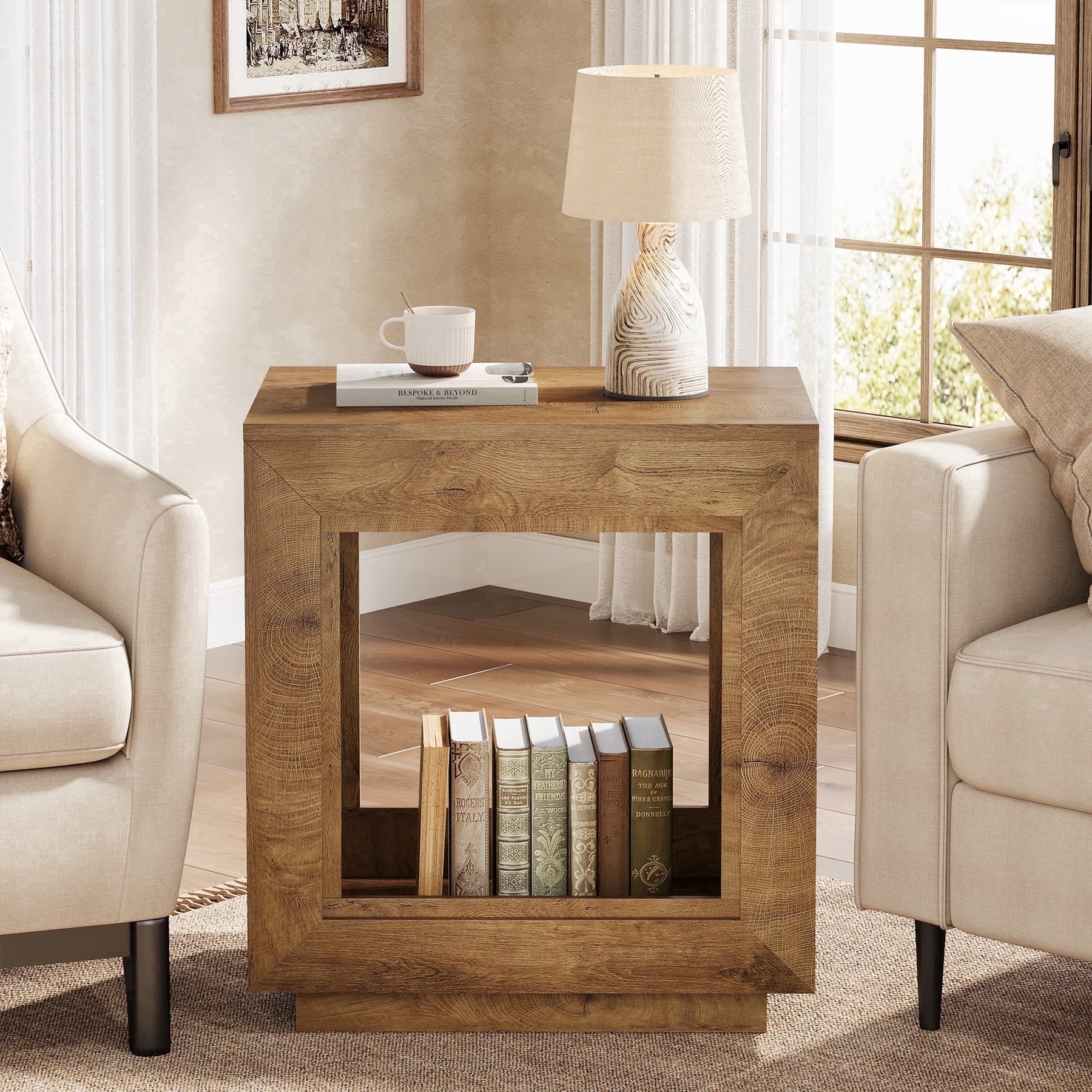 Fnova End Table Farmhouse Square Side Table with Storage, Wooden Sofa ...