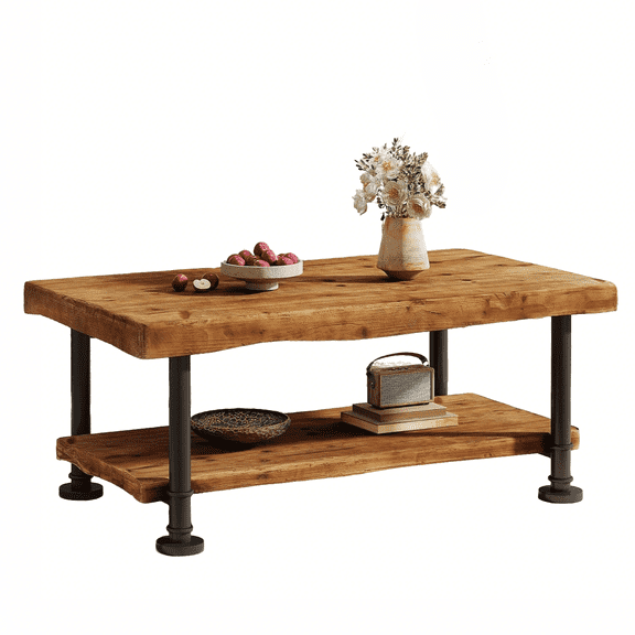 Fnova Farmhouse 2-Tier Coffee Table with Live Edge Shelf & Metal Legs, 47 Inch Rectangle Living Room Table, Industrial Accent Tea Table, Home Office, Brown & Black