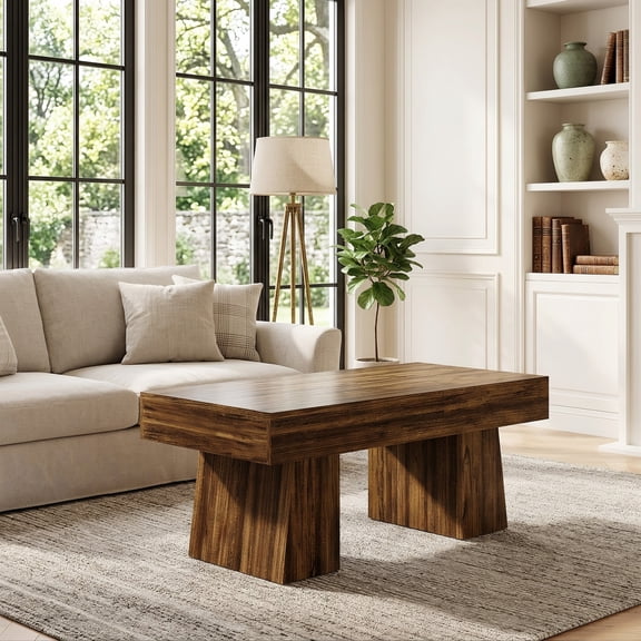 Fnova Farmhouse 47 Inch Rectangle Wooden Coffee Table, Sturdy Base, Modern Cocktail Tea Table, Accent Center Table for Living Room, Bedroom